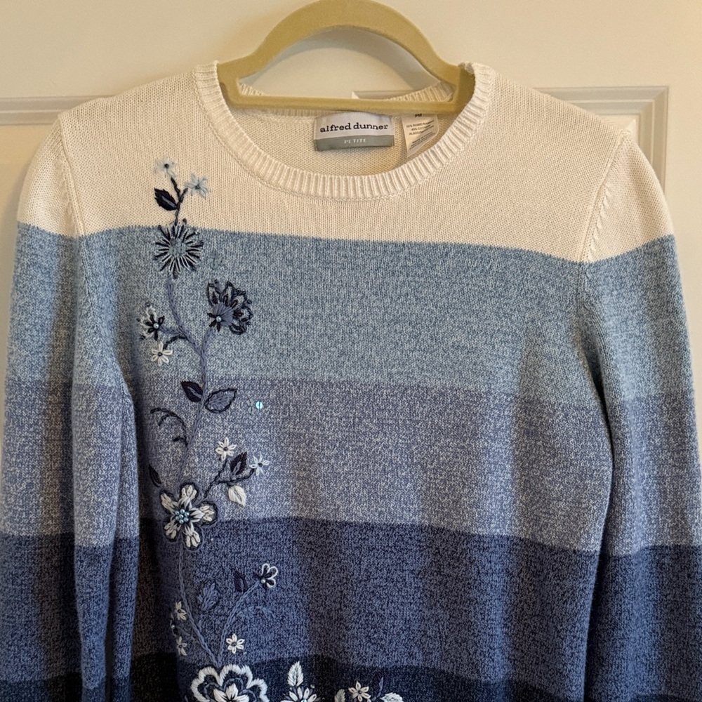 Alfred Dunner Cotton Blend Sweater Blue Colorblock Stripes Floral Embroidery MP - Picture 3 of 9